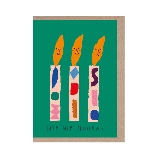 Greeting card with colorful candles and 'Hip Hip Hooray' text on a green background