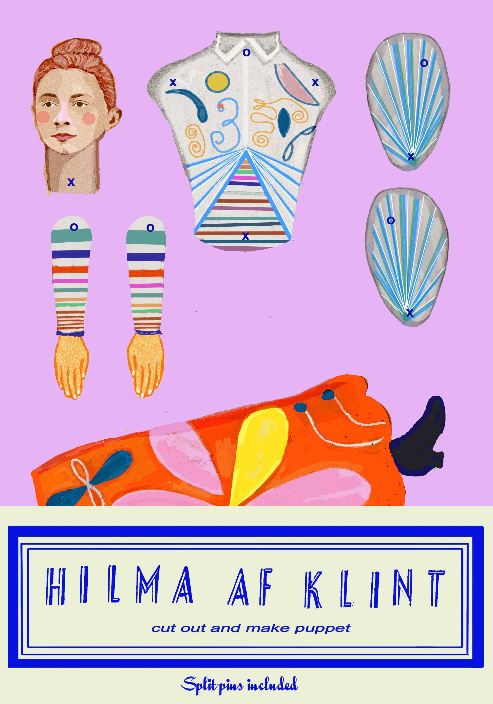 Hilma af Klint cut-out paper doll set with colorful clothing and accessories on a pink background.