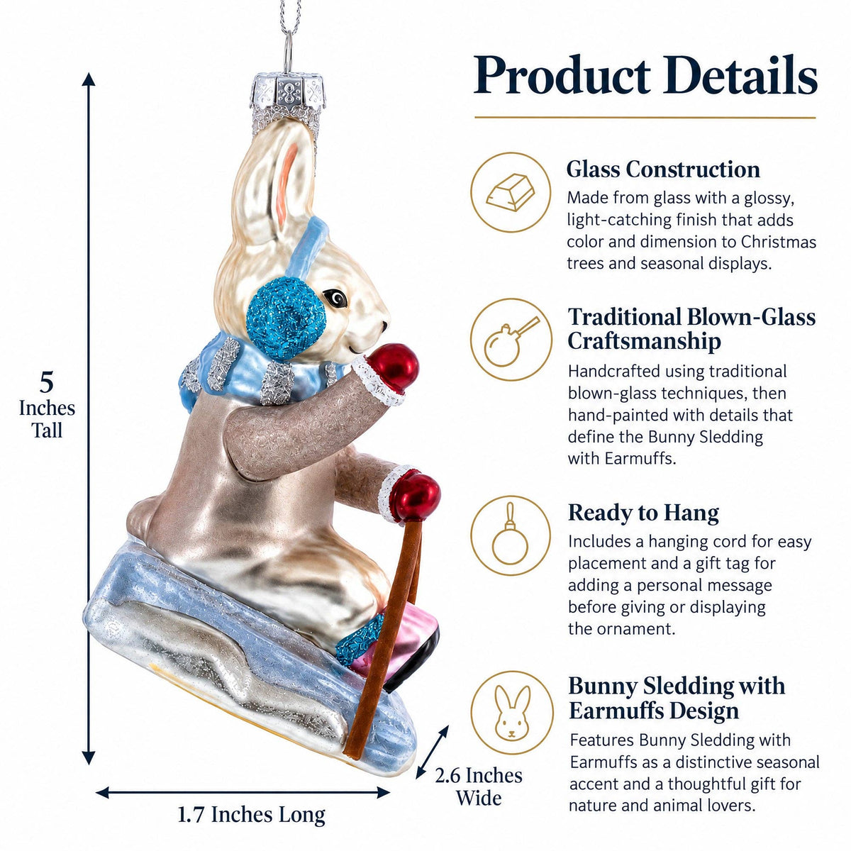 Sledding Bunny Glass Christmas Ornament
