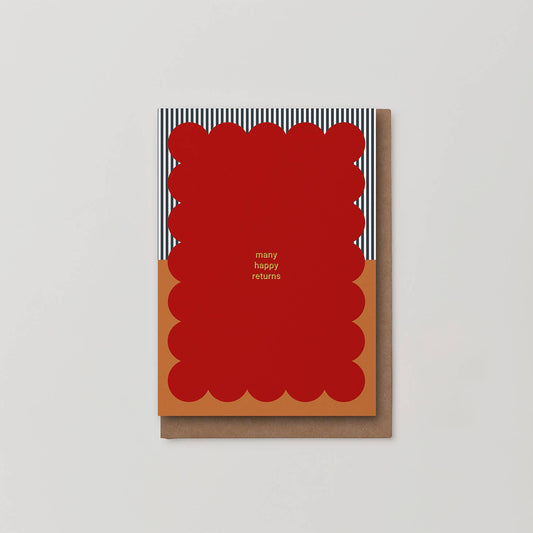 Greeting card with red scalloped border and black and white striped pattern on a gray background