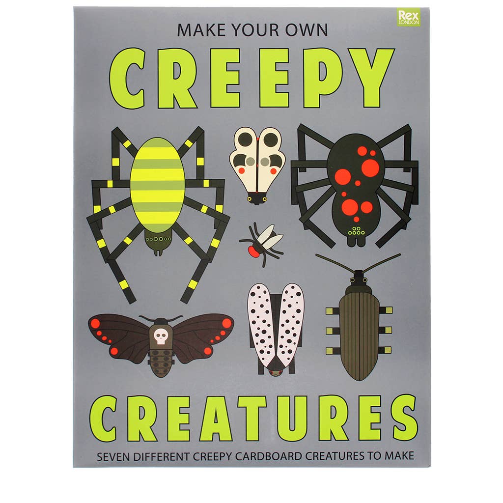 Book cover of 'Make Your Own Creepy Creatures' with illustrations of various creatures on a gray background.