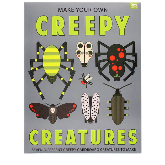 Book cover of 'Make Your Own Creepy Creatures' with illustrations of various creatures on a gray background.
