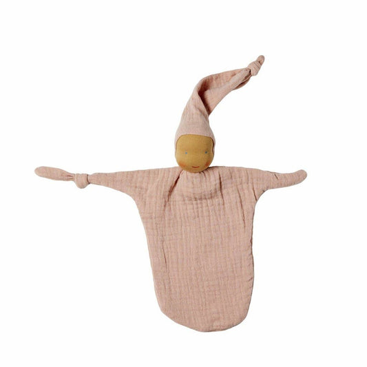 Pink baby swaddle with a small head on a white background