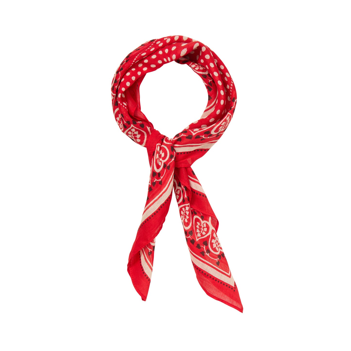 Red scarf with white patterns on a white background