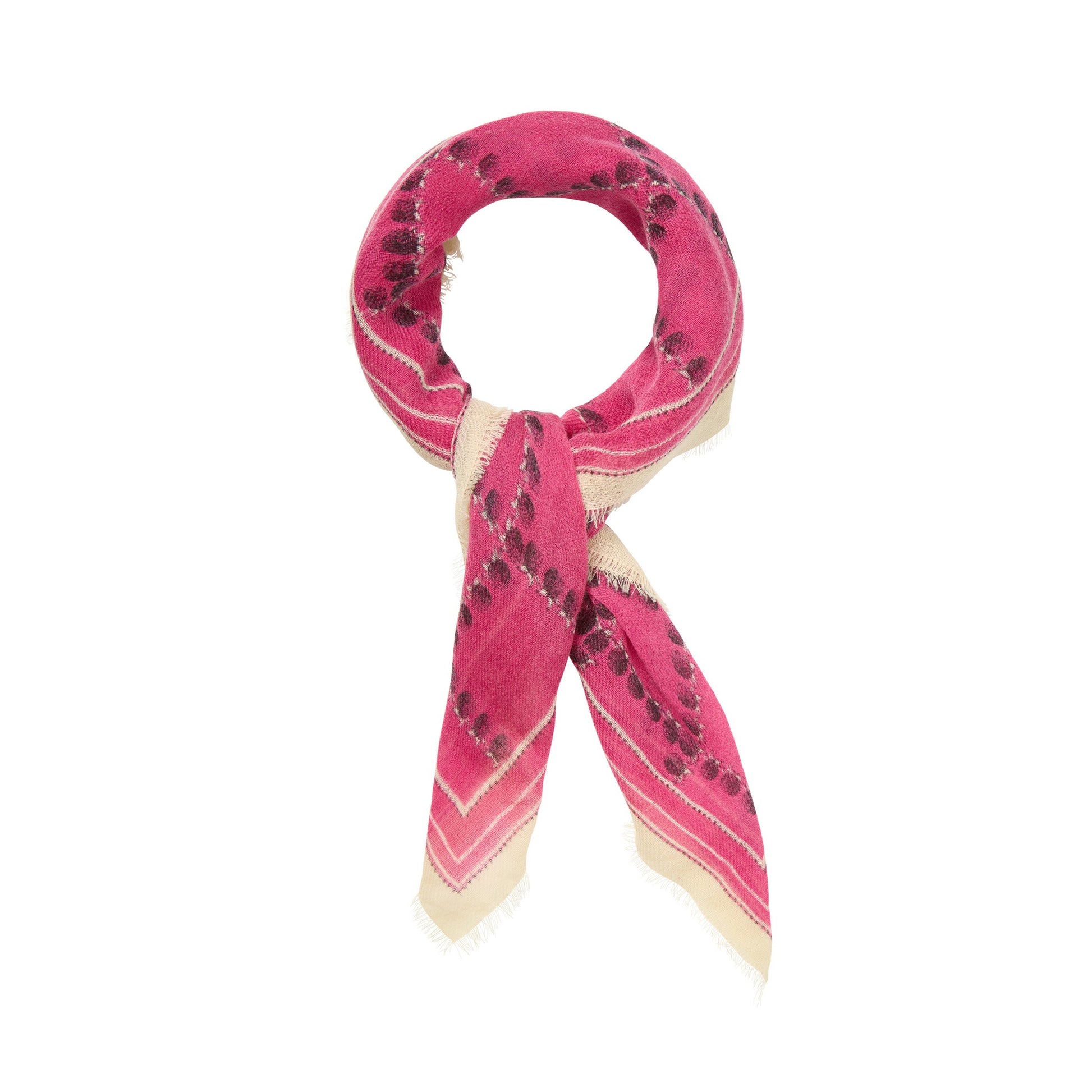 Pink and cream scarf with black pattern on a white background