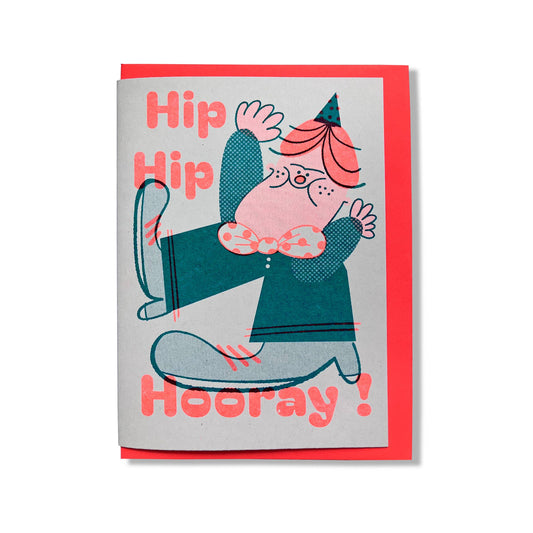Greeting card with a colorful illustration of a person and text 'Hip Hip Hooray!' on a gray background.