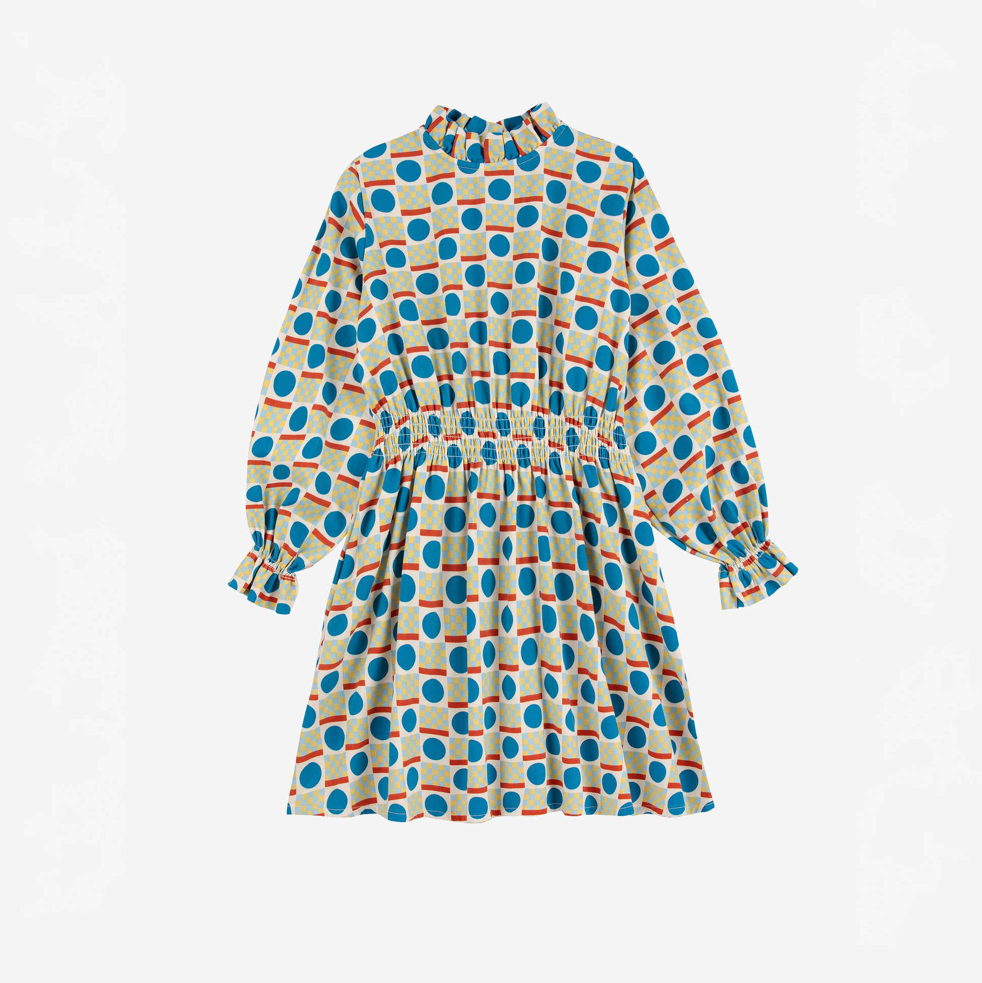 Polka dot dress with long sleeves on a white background