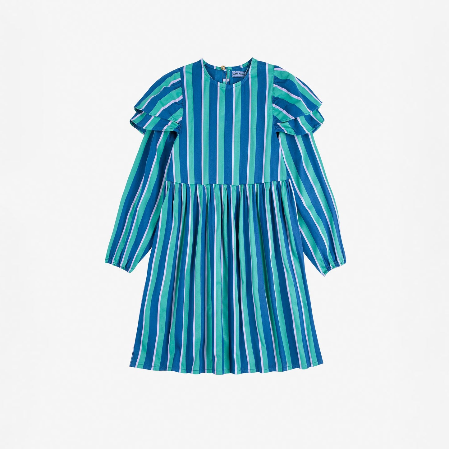 Blue and green striped dress with ruffled sleeves on a white background