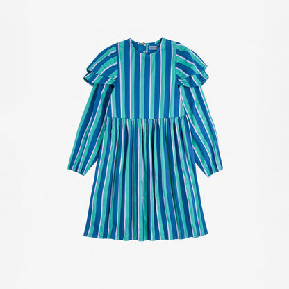 Blue and green striped dress with ruffled sleeves on a white background
