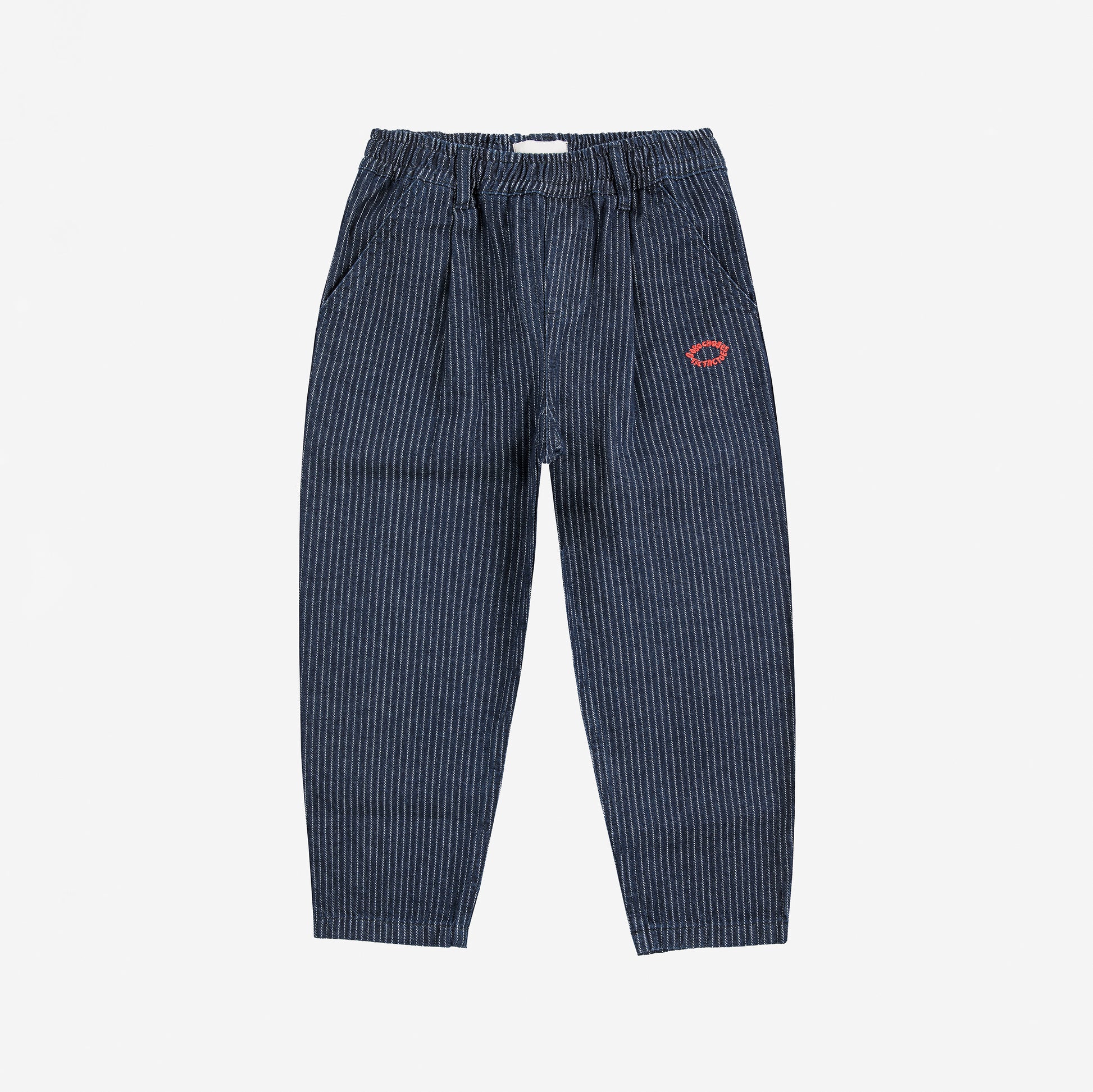 Blue striped pants with a red logo on a white background