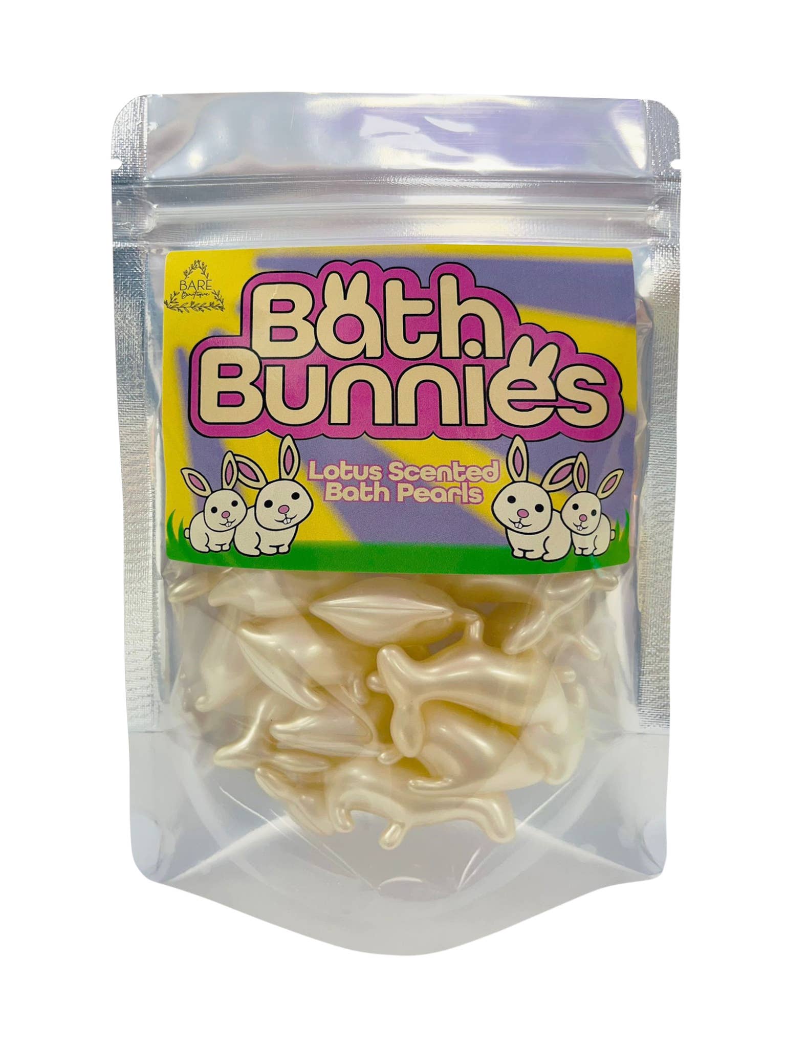 Packaging of Bath Bunnies with cartoon bunnies on a white background