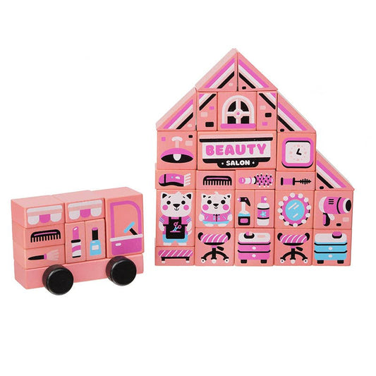 Pink toy set with a house and vehicle design on a white background