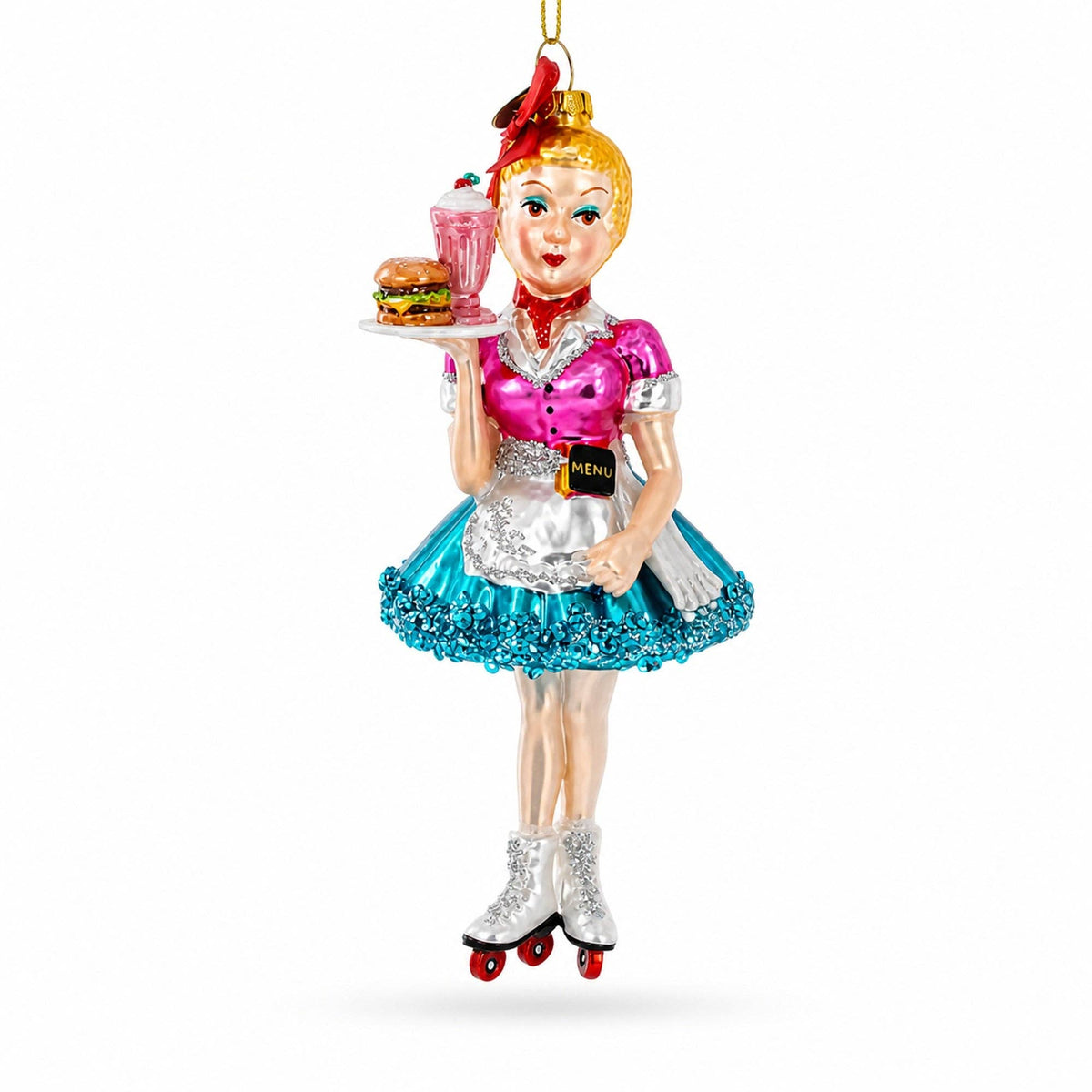 Roller Skating Waitress Glass Christmas Ornament