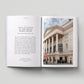 Open book with text and a photograph of the Royal Opera House on a light gray background