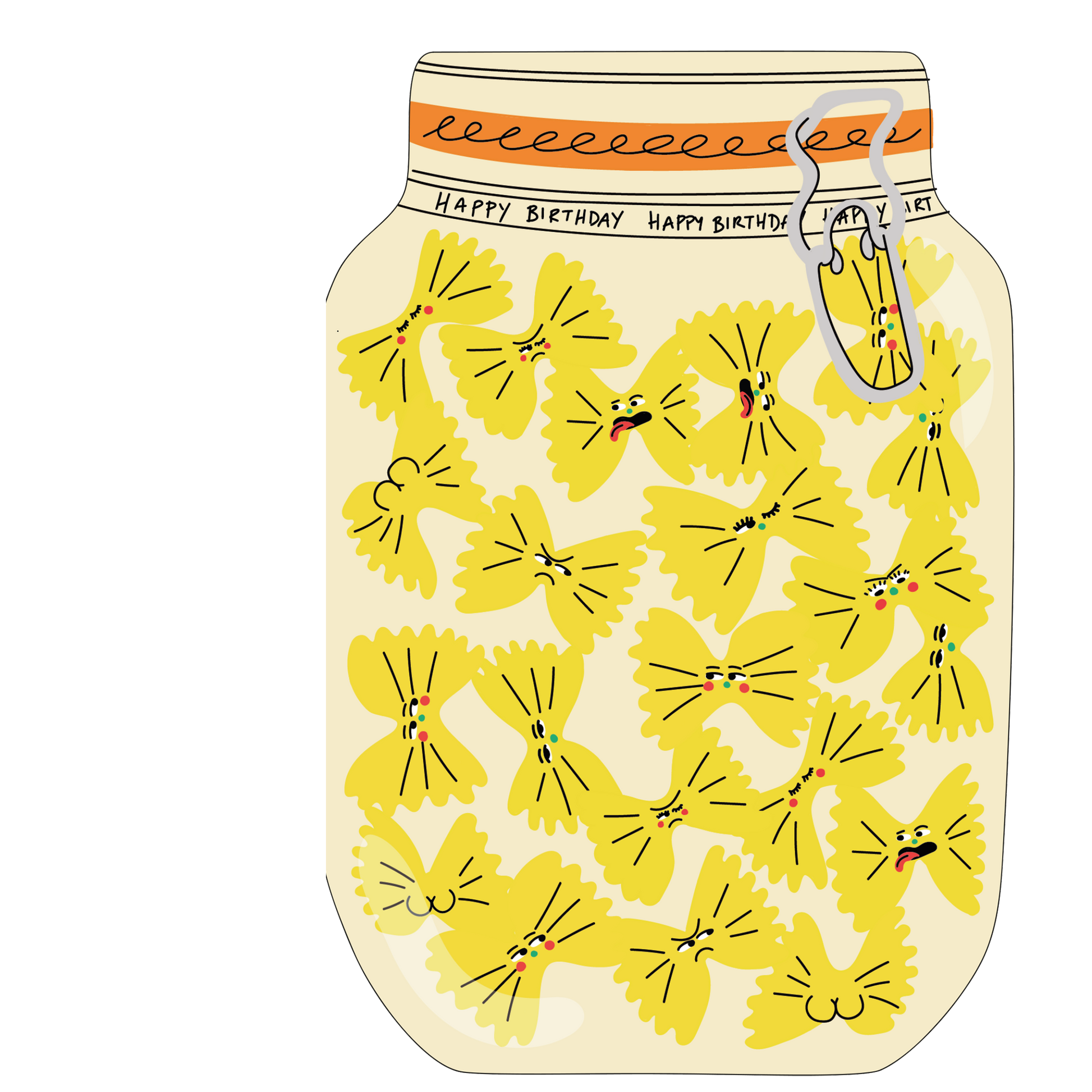 Illustration of a mason jar with yellow pasta shapes and 'Happy Birthday' text on a white background
