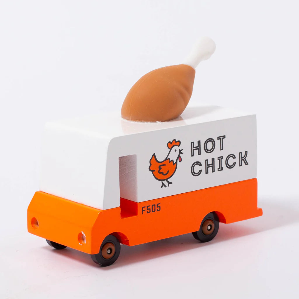 Toy truck with a chicken leg on top, labeled 'Hot Chick', on a white background