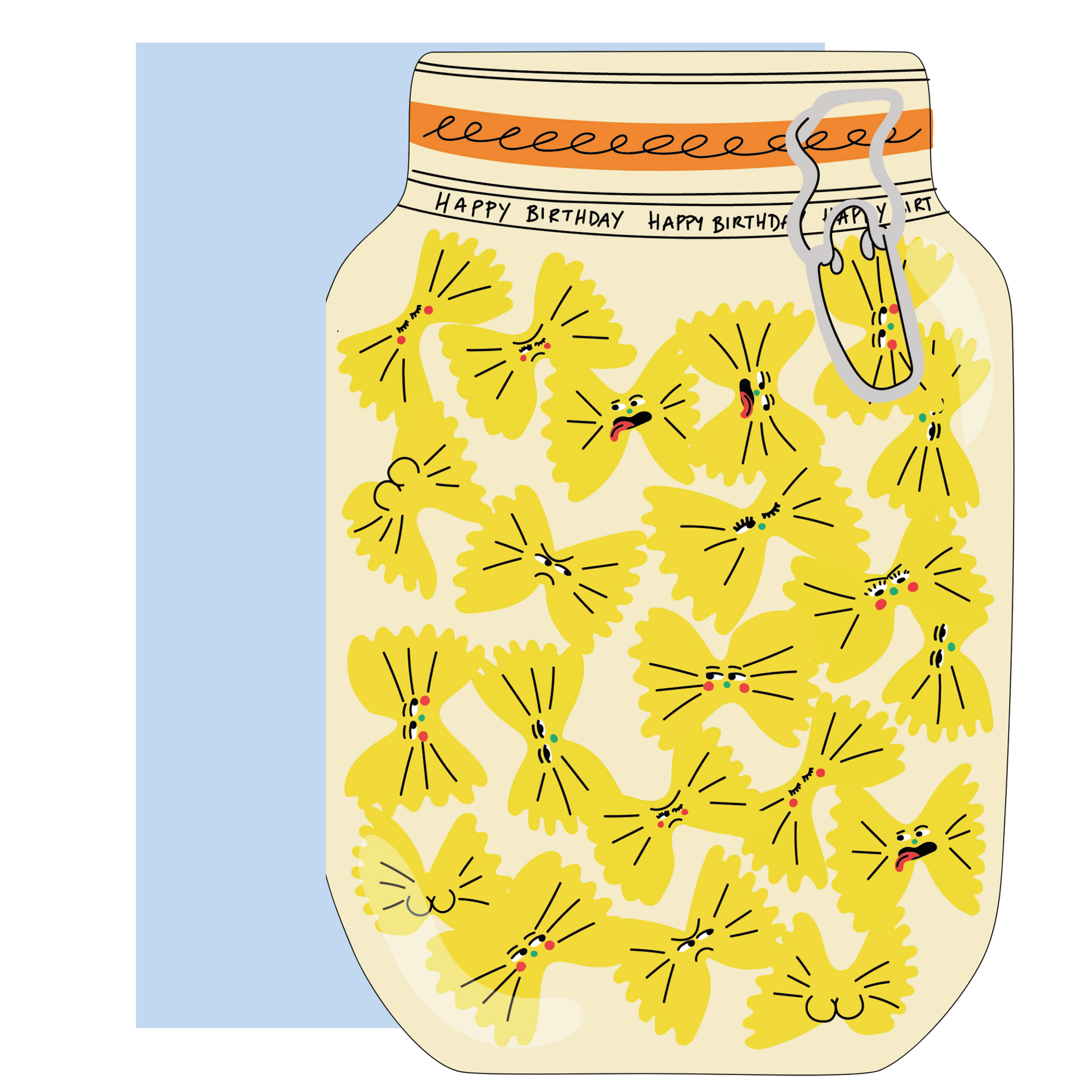 Card with a mason jar design featuring yellow pasta shapes and 'Happy Birthday' text on a light blue background.