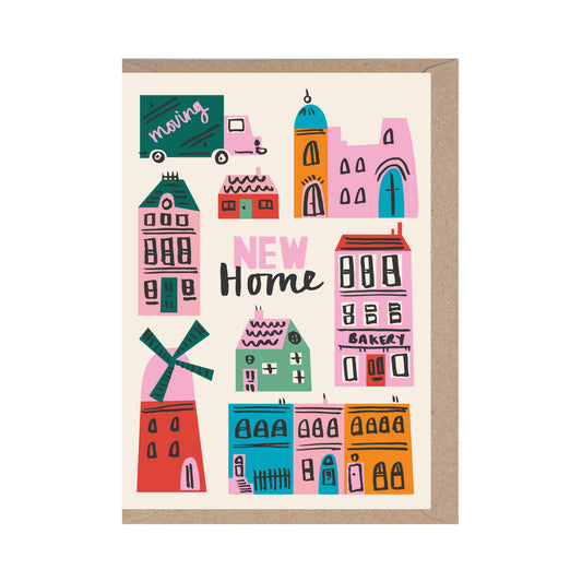 Greeting card with colorful houses and 'New Home' text on a white background