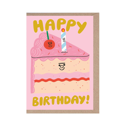 Birthday card with a cake illustration and 'Happy Birthday!' text on a pink background.