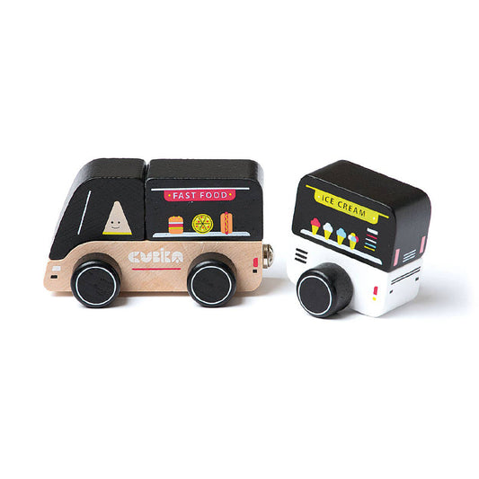 A wooden toy truck and ice cream truck on a white background, with the Cubika logo.