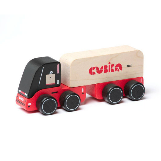 Wooden toy truck with black cab and red chassis, featuring the Cubika brand logo on a white background.