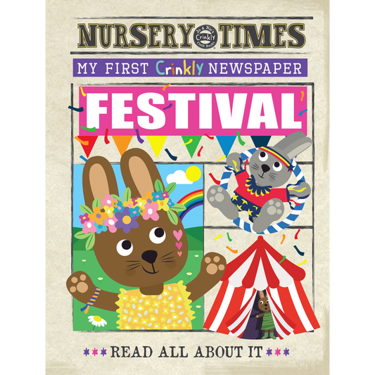 Children's crinkly newspaper with cartoon animals and colorful design