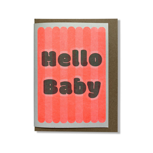 Greeting card with 'Hello Baby' text on a red striped background