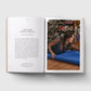 Open book with text and a photo of a woman in a store.