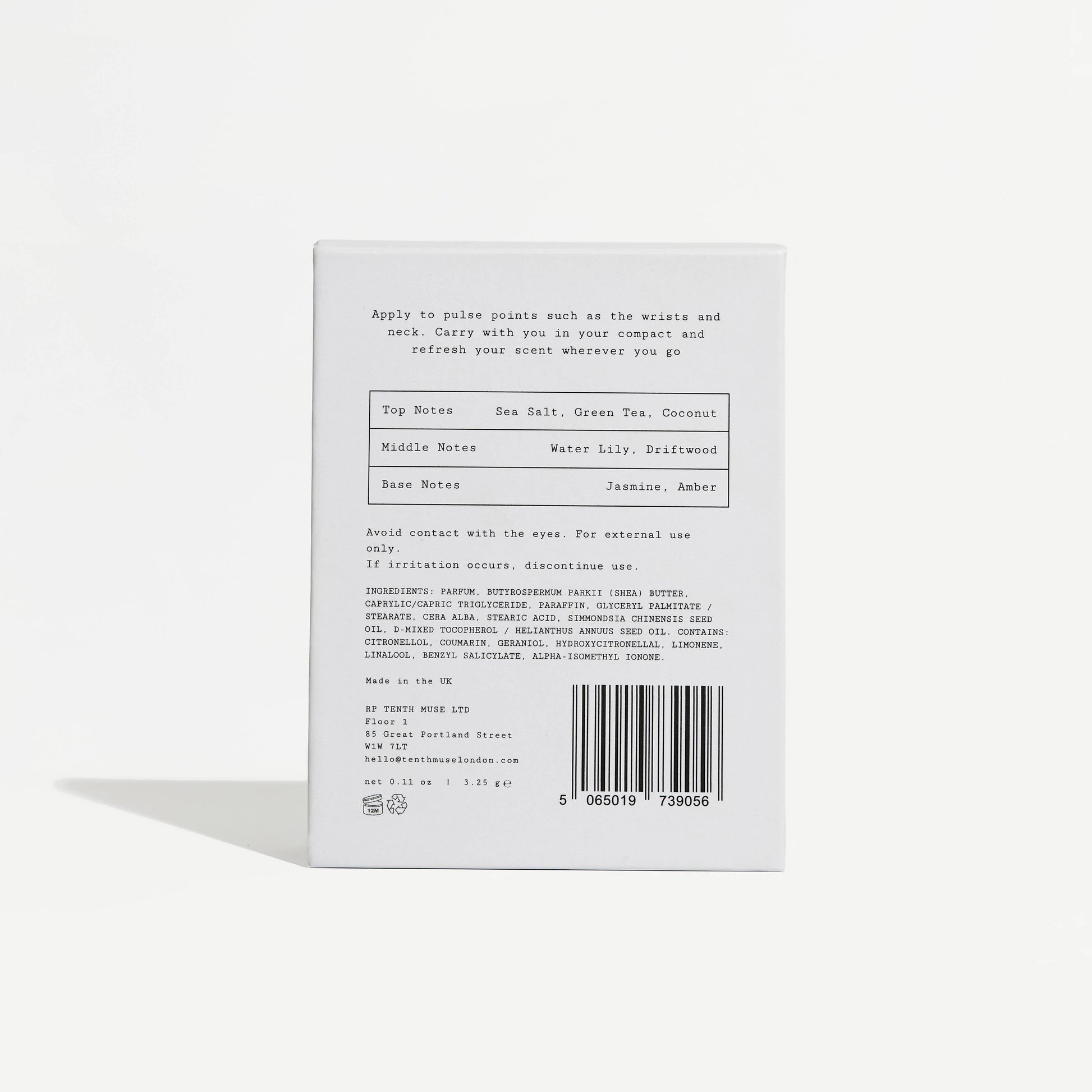Product label with text and a barcode on a white background