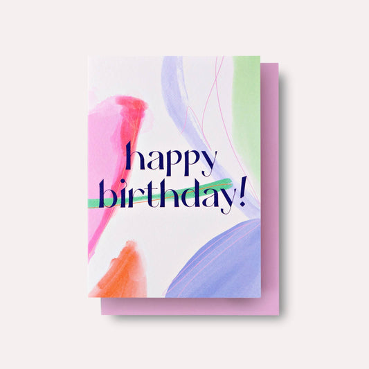 Greeting card with 'happy birthday!' text on a colorful abstract design