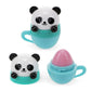 Two panda-themed lip balms in turquoise cups on a white background