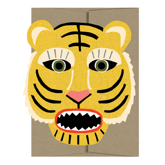 Card with a stylized tiger face design on a beige background