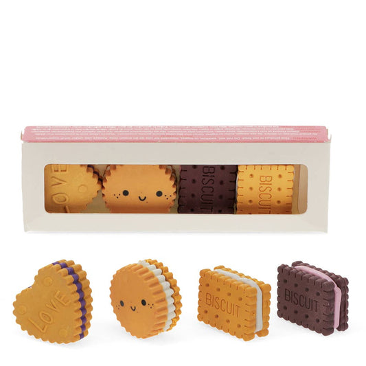 Set of cute biscuit-shaped eraserswith a box on a white background