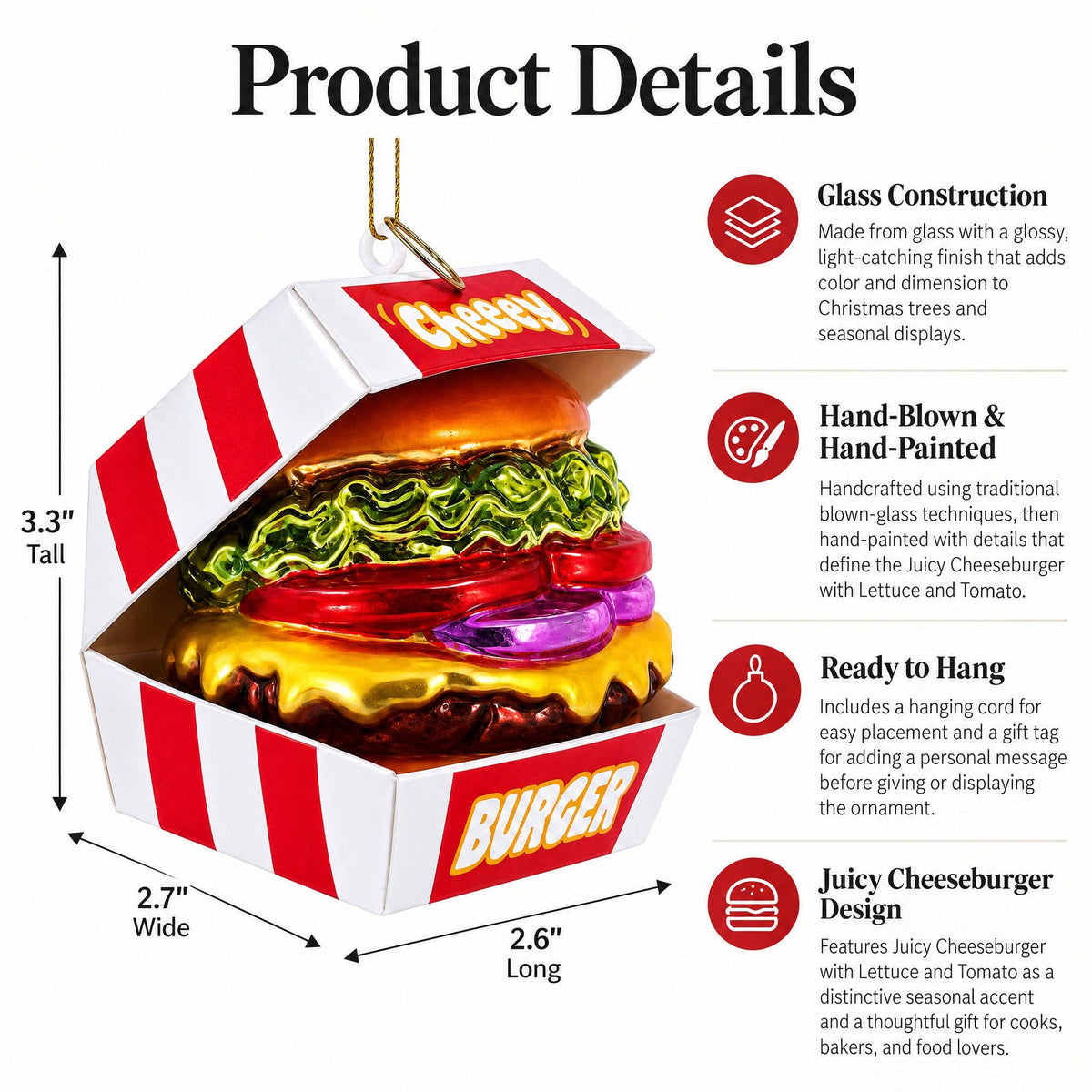 Cheeseburger Glass Christmas Ornament