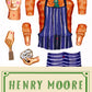 Paper cut-out costume set with a face and apron, inspired by Henry Moore, on a white background.
