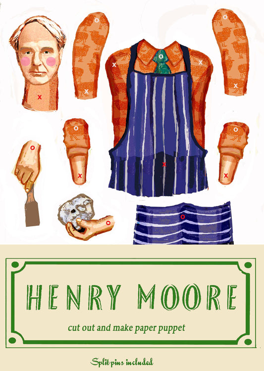 Paper cut-out costume set with a face and apron, inspired by Henry Moore, on a white background.