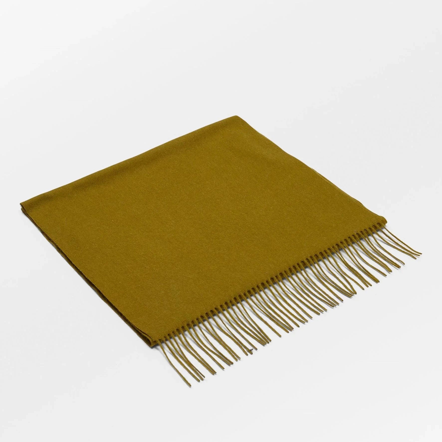 olive green  scarf with fringes on a light gray background