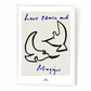 An image depicting Hotel Magique Love,Peace and Magique A3 print. The background is beige. The birds are painted in black. “Love Peace and Magique” is written in dark blue. The print is frames with a white border. 