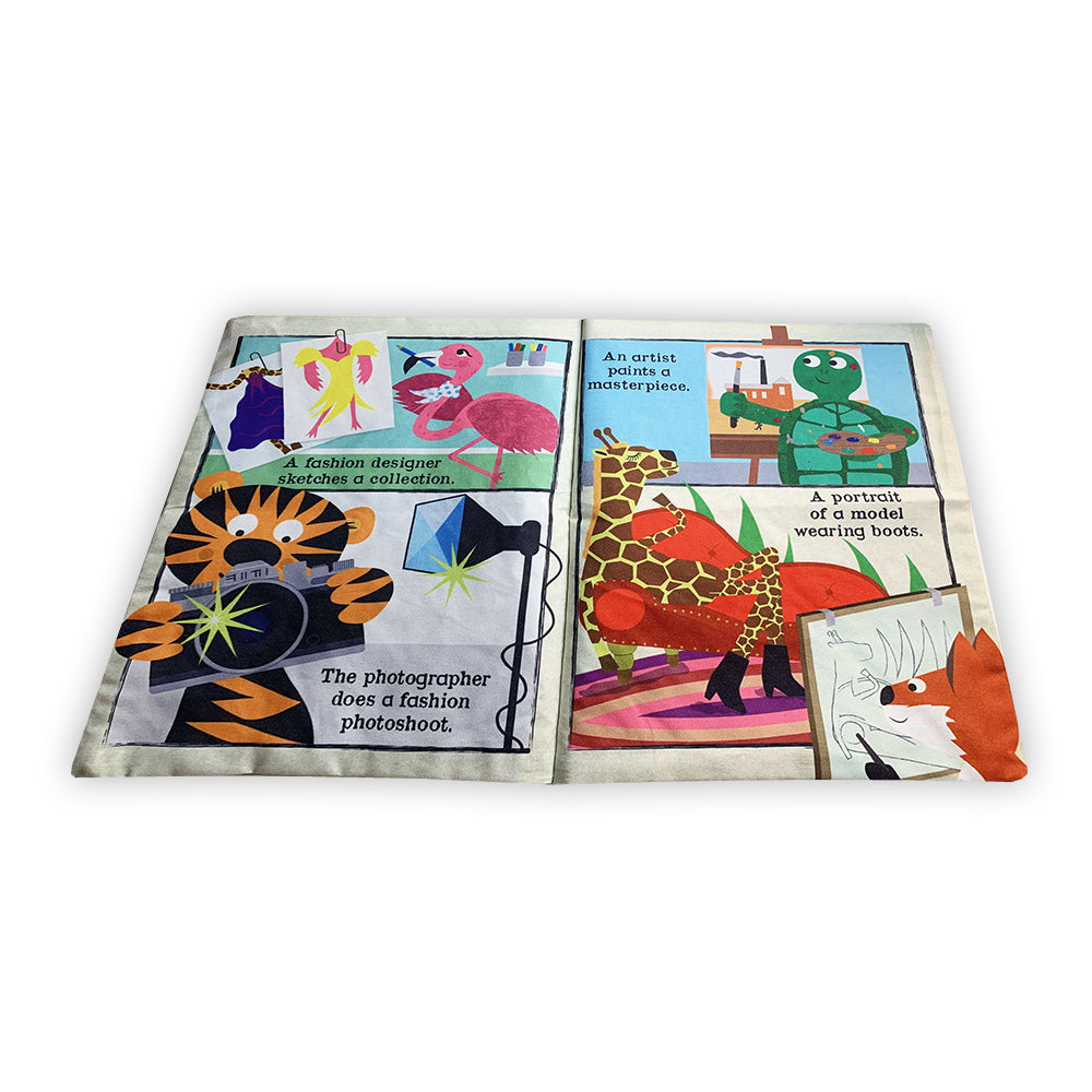 A double-page spread from All Kinds of Art, showing different artistic expressions. One page features a child painting on an easel, while another creates a vibrant collage. The text introduces various ways to make art and encourages young readers to explore creativity.