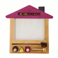 Wooden toy with a purple roof and various colorful components on a white background