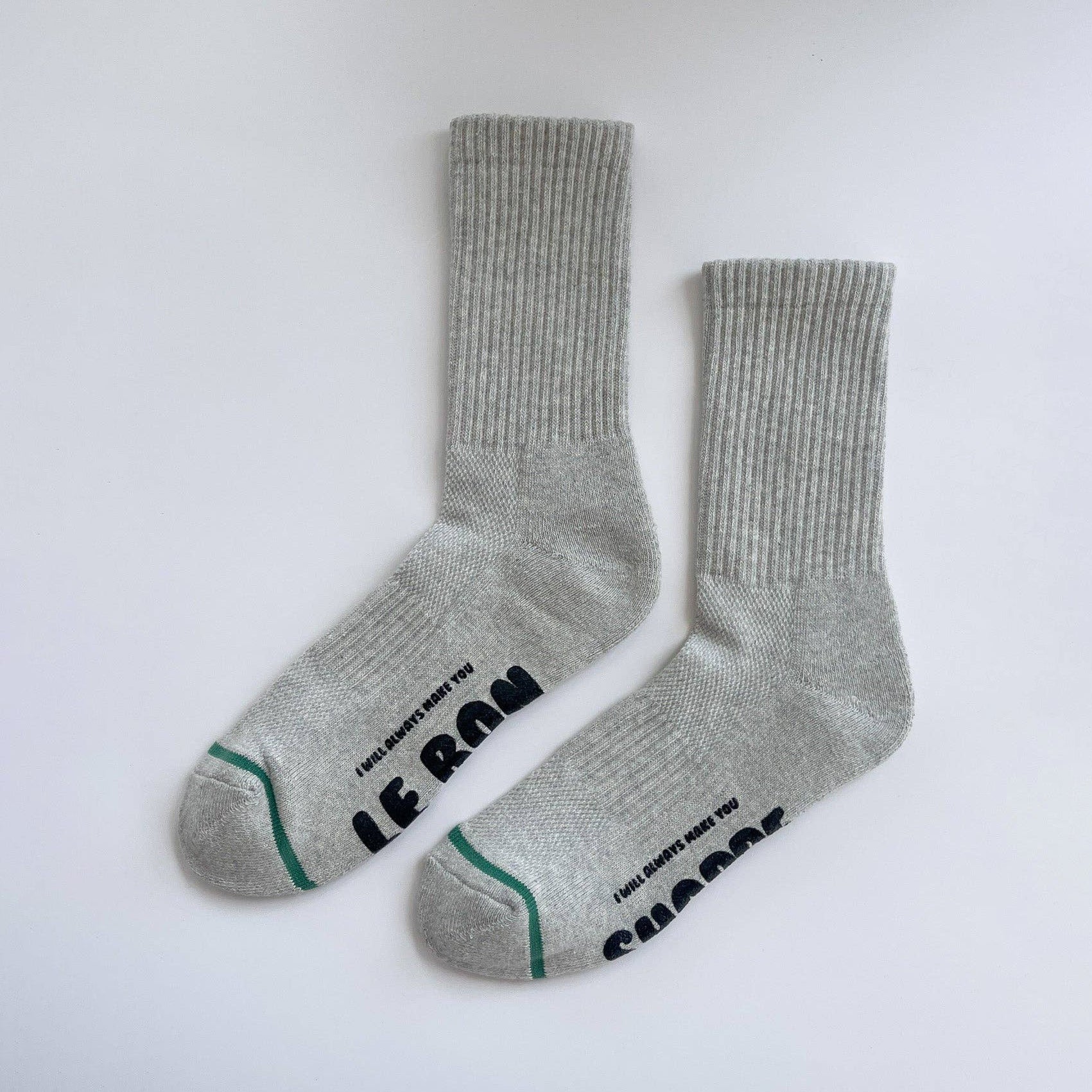 Gray socks with text on a white background