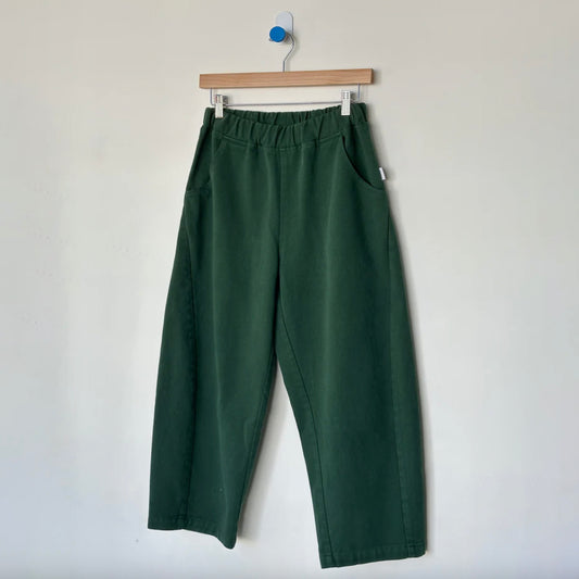 Green pants on a hanger against a white background