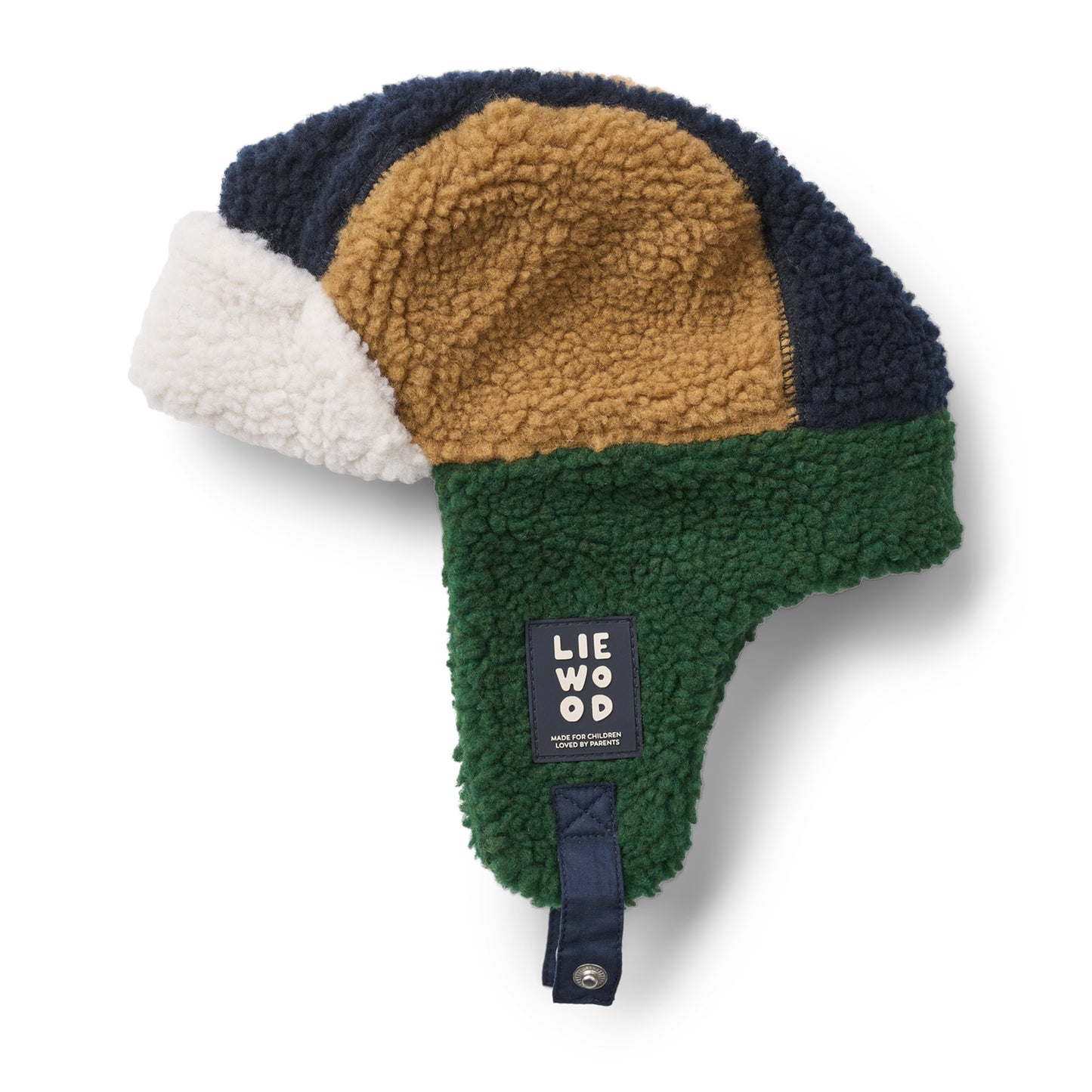 Multicolored sherpa trapper hat with 'Liewood' label on a white background