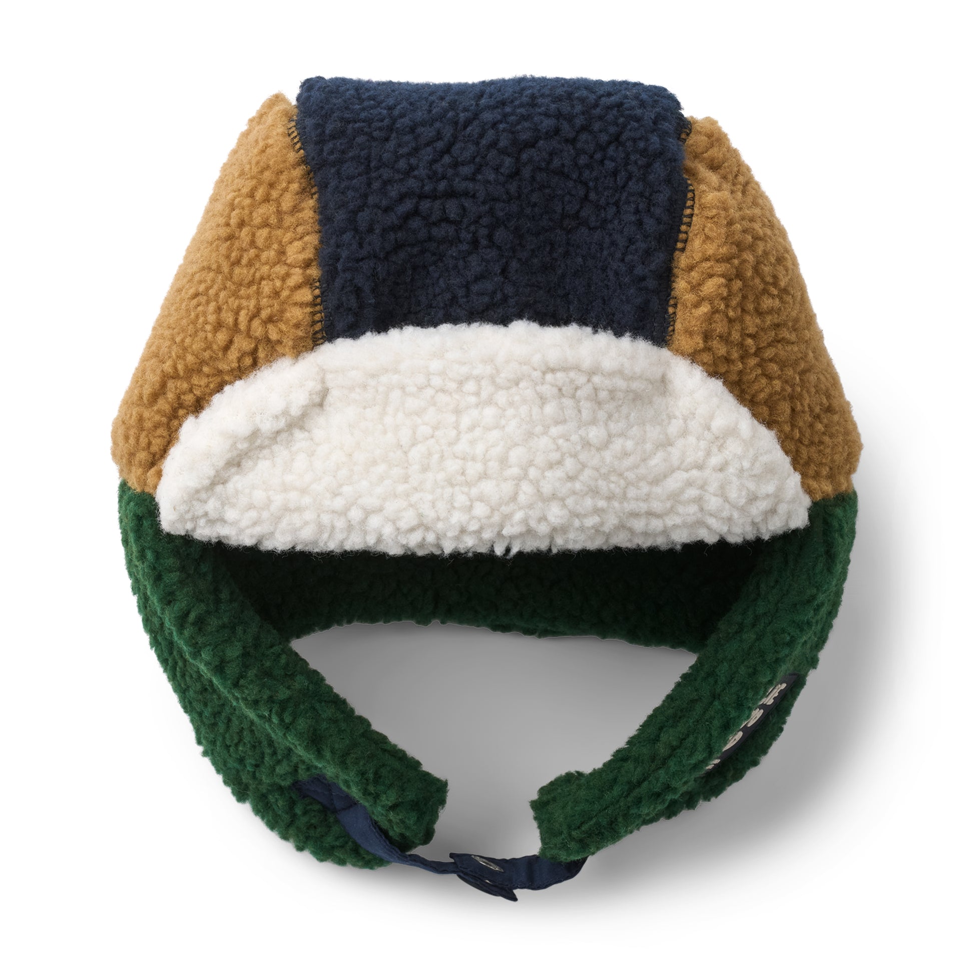Multicolored fleece-lined hat with earflaps on a white background