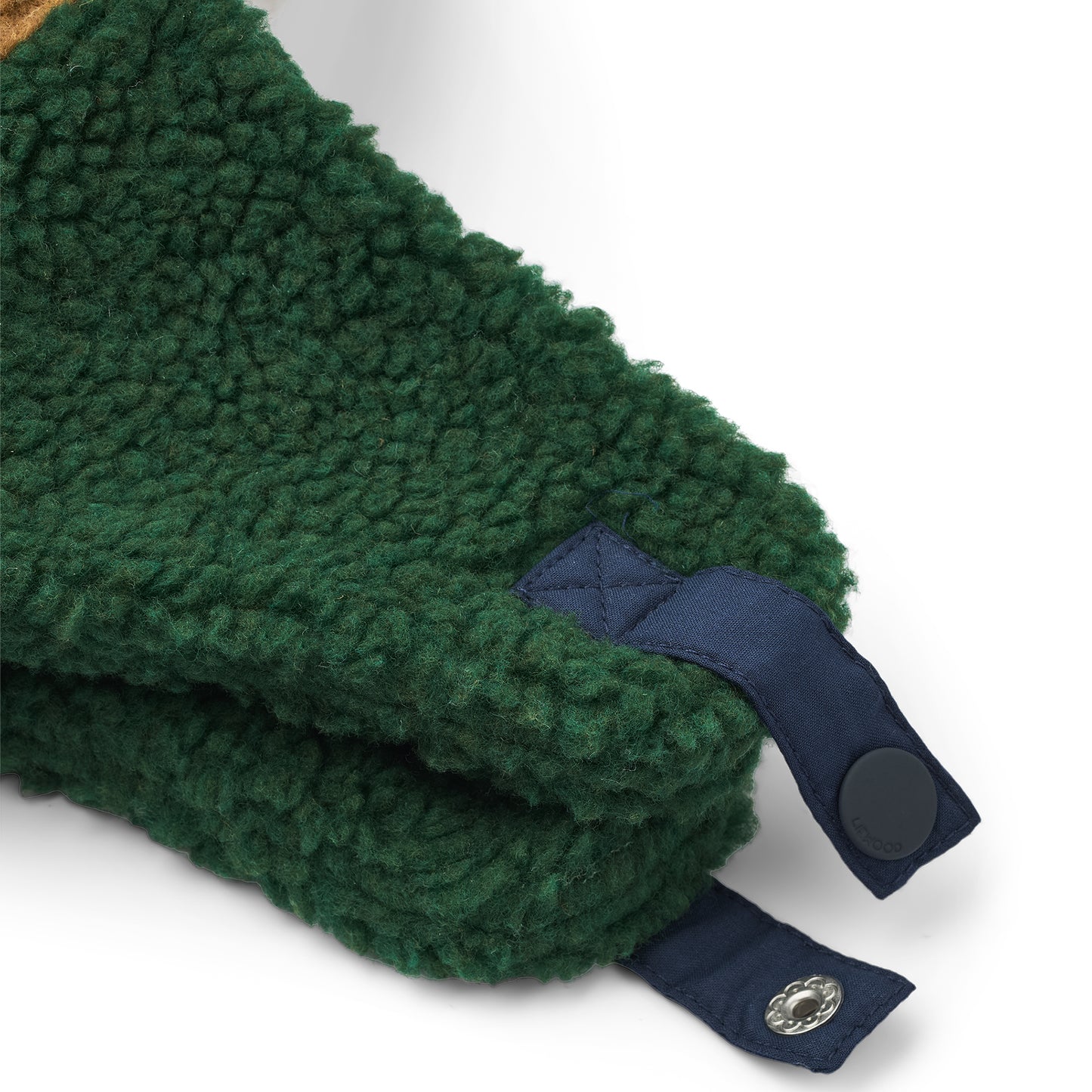 Green fleece blanket with blue trim on a white background