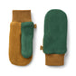Pair of green and brown mittens on a white background