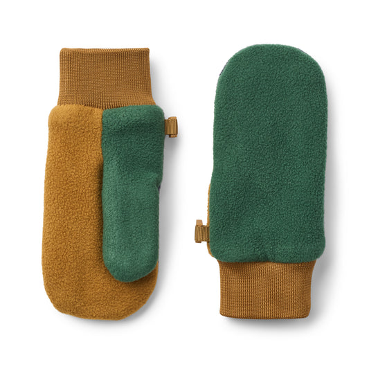 Pair of green and brown mittens on a white background