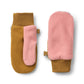 Pair of mittens with brown and pink color scheme on a white background