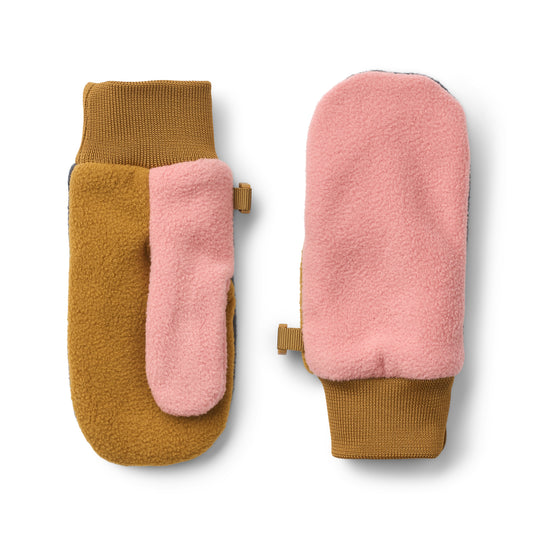 Pair of mittens with brown and pink color scheme on a white background