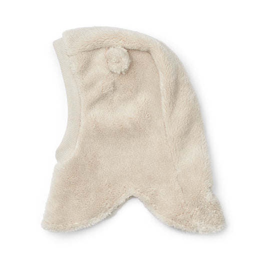 Child's cream balaclava viewed from the side on a white background